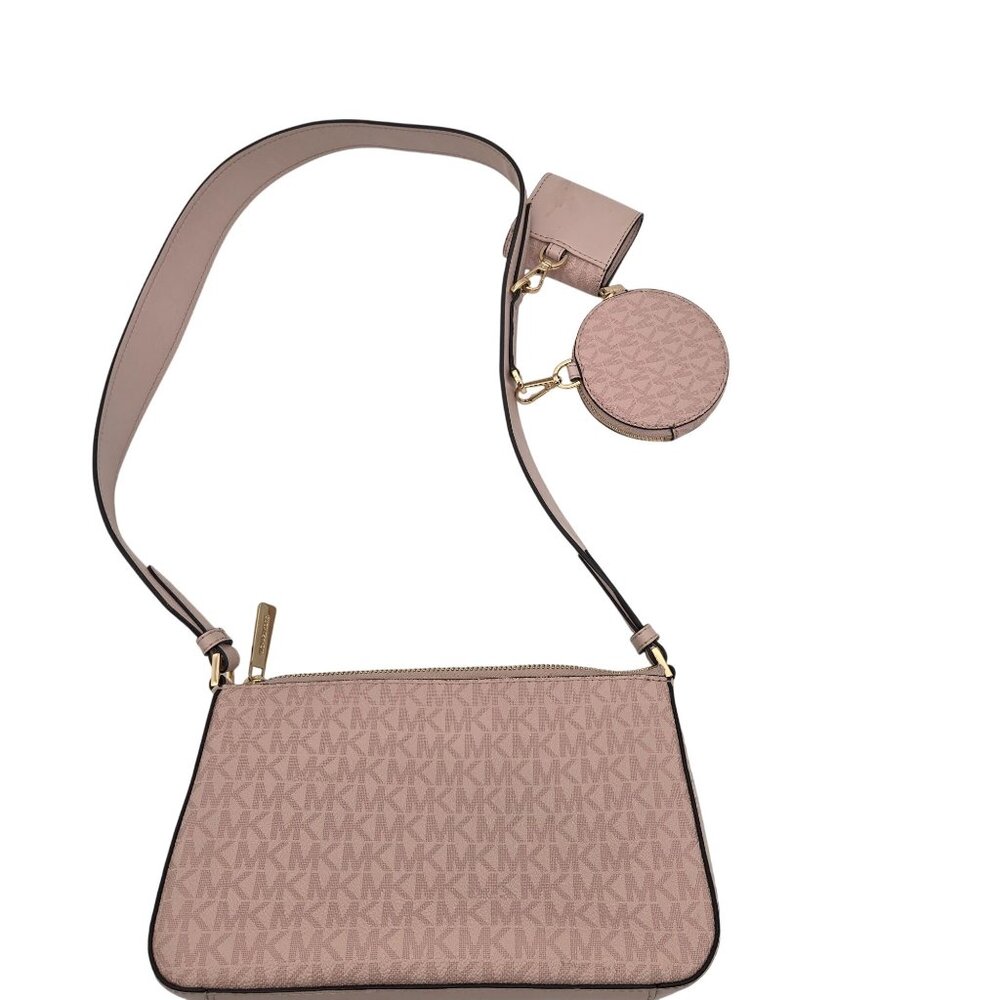 Michael Kors Jet Set Pink Crossbody Bag W/ Logo Print AirPod Case/Coin Purse